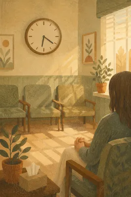Peaceful Waiting Room with Clock at Dawn