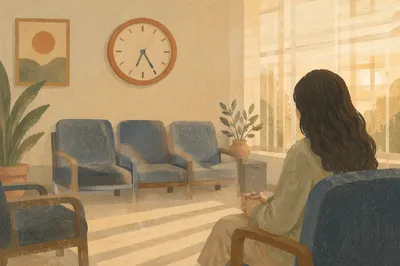 Peaceful Waiting Room with Clock at Dawn
