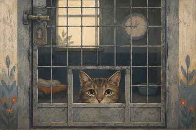 Patient Tabby Cat Behind Shelter Gate