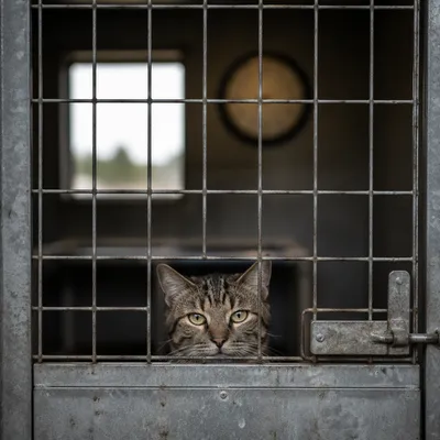 Patient Tabby Cat by Shelter Gate