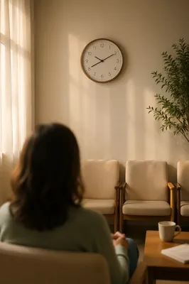 Quiet Waiting Room with Clock and Trust