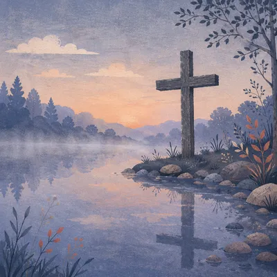 Peaceful Cross by Still Lake Reflection