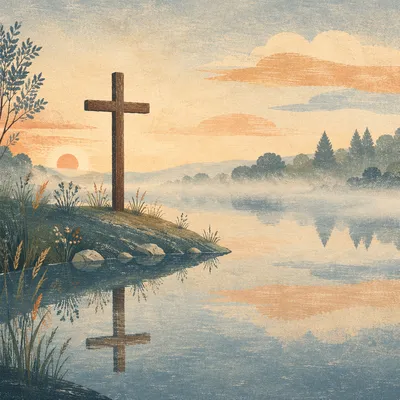 Peaceful Cross Reflection on Still Lake