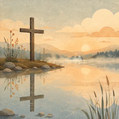 Peaceful Cross Reflection on Still Lake