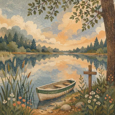 Peaceful Lakeside Cross Reflection at Sunset
