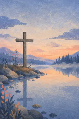 Peaceful Cross Reflection on Still Lake