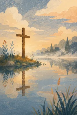 Peaceful Cross by Still Morning Lake