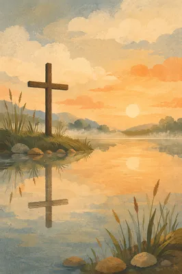 Peaceful Cross Reflection on Still Lake
