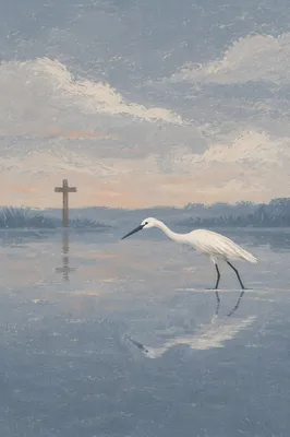 Peaceful Egret on Still Lake at Dawn