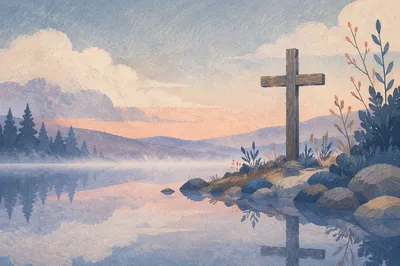 Peaceful Cross Reflection on Still Lake