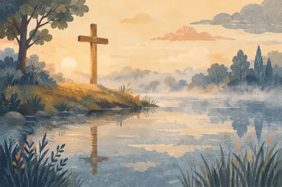 Peaceful Cross by Still Morning Lake