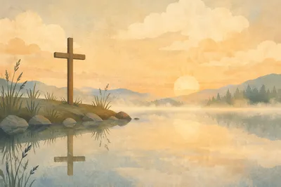 Peaceful Cross Reflection on Still Lake