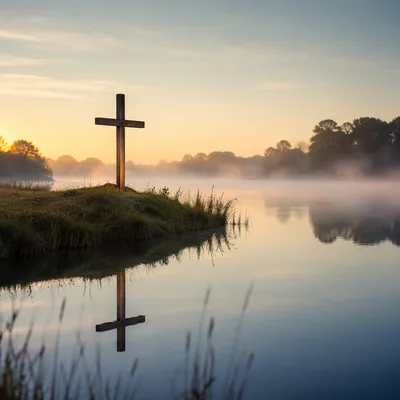 Peaceful Cross Reflection on Still Lake
