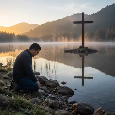 Kneeling Man by Cross at Dawn