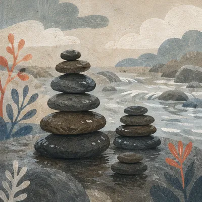 Peaceful Stone Cairns Beside Still Water
