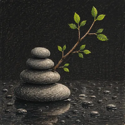 Peaceful River Stones with Green Twig