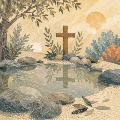 Peaceful Cross Reflection in Still Garden Water