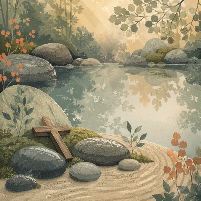 Peaceful Cross Beside Still Garden Water