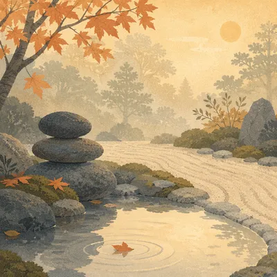Peaceful Stones Beside Still Garden Water