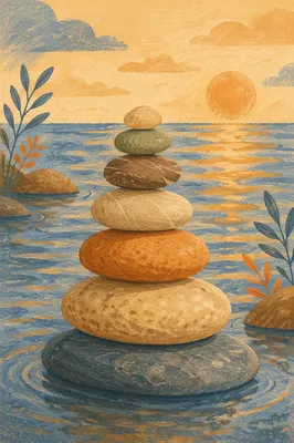 Peaceful River Stone Cairn at Still Water