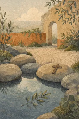 Peaceful Christian Courtyard with Still Water