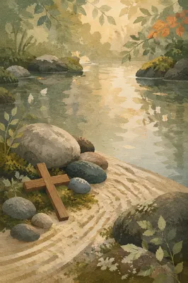 Peaceful Cross by Still Garden Water