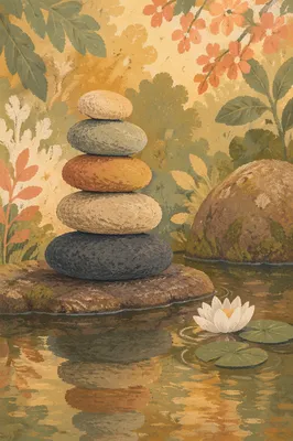 Peaceful Stacked Stones by Still Garden Water