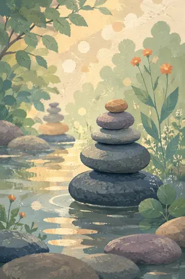 Peaceful Stone Cairn in Still Garden Water