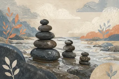 Peaceful Stone Cairns by Still Water