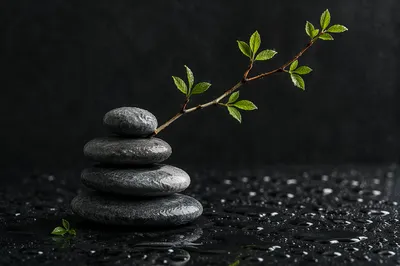 Peaceful Zen Stones With Green Twig
