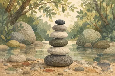 Peaceful Stone Cairn Beside Still Water