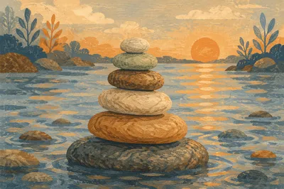 Peaceful River Stone Cairn at Sunset