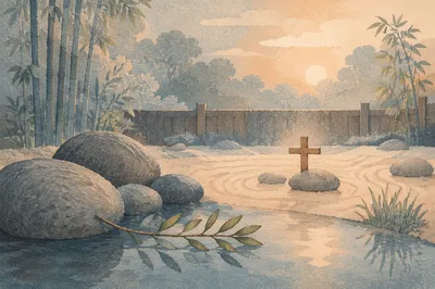 Peaceful Prayer Garden with Still Water