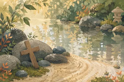 Peaceful Cross Beside Still Garden Water