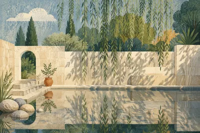 Peaceful Still Water Garden with River Stones