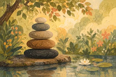 Peaceful River Stones Beside Still Garden Water