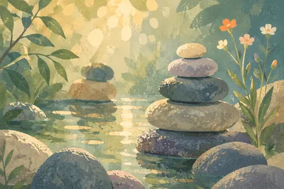 Peaceful Still Water Stones and Wildflowers