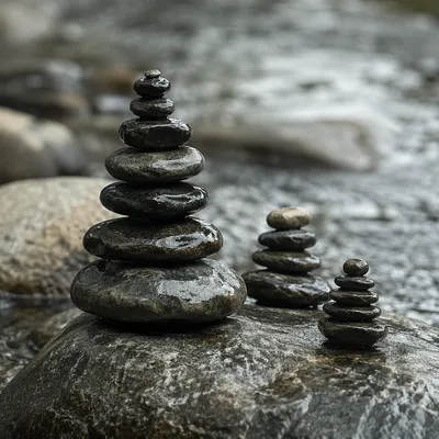 Peaceful Stone Cairns by Still Water