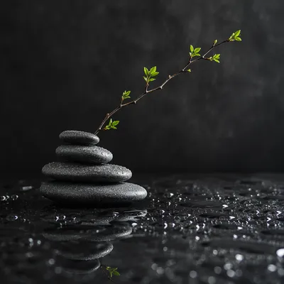 Peaceful River Stones with Green Leaves