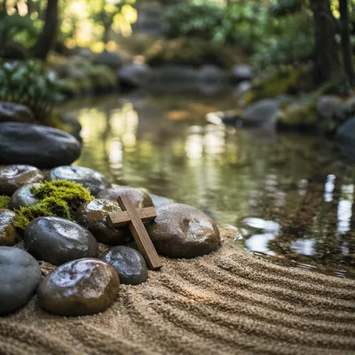 Peaceful Cross by Still Garden Water