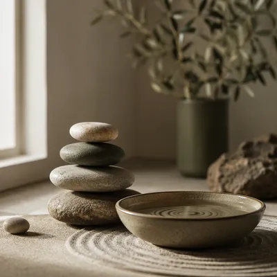 Stacked River Stones Beside Still Water