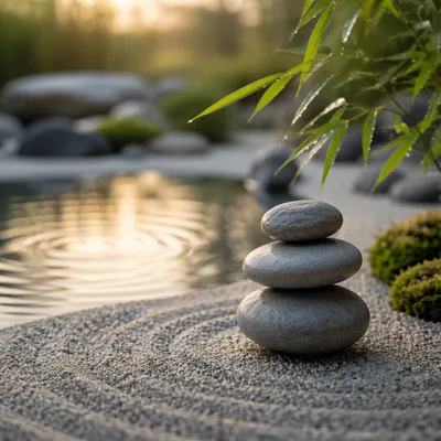 Stacked River Stones Beside Still Water