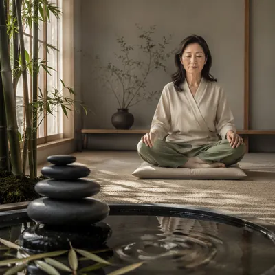 Calm Woman in Indoor Zen Garden