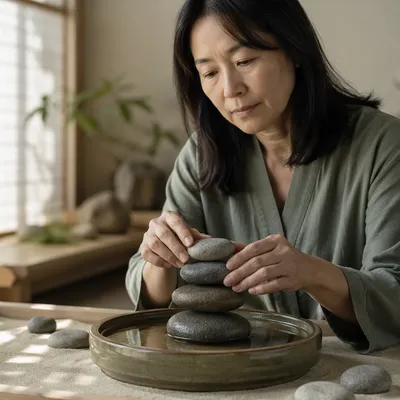 Woman Arranging Stones Beside Still Water