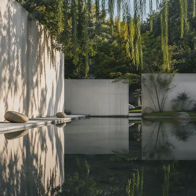 Peaceful Still Water Garden with River Stones