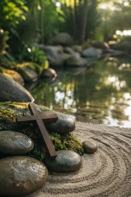 Peaceful Cross by Still Garden Water