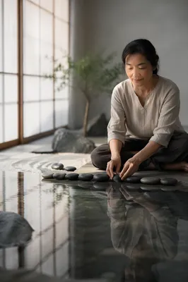 Woman Arranging Stones in Indoor Zen Garden
