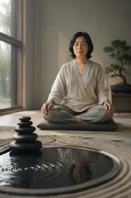 Woman Meditating by Still Water Stones