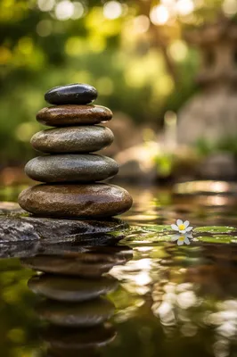 Peaceful Stacked Stones by Still Garden Water