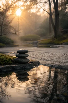 Peaceful Still Water Zen Garden at Dawn